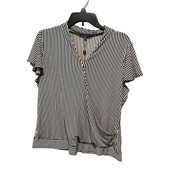 Adrianna Papell Blouse Top Women's Size L Black/White V-Neck Ruffle Short Sleeve - Picture 1 of 5